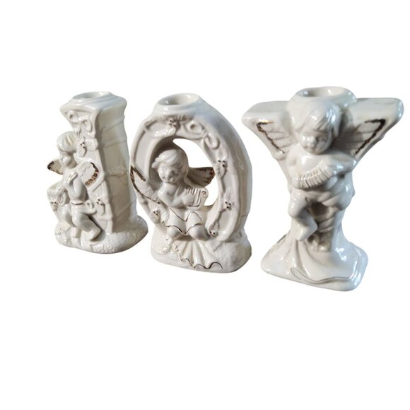 Vintage 1998 Crown Glazed  Ceramic Joy 3pc. Candle Holder Set - Picture 4 of 5